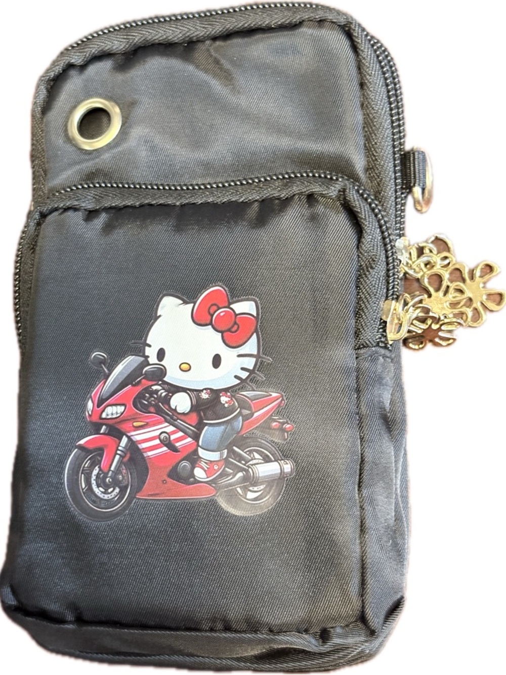 Sanrio Black Crossbody Phone Pouch with Motorcycle Hello Kitty